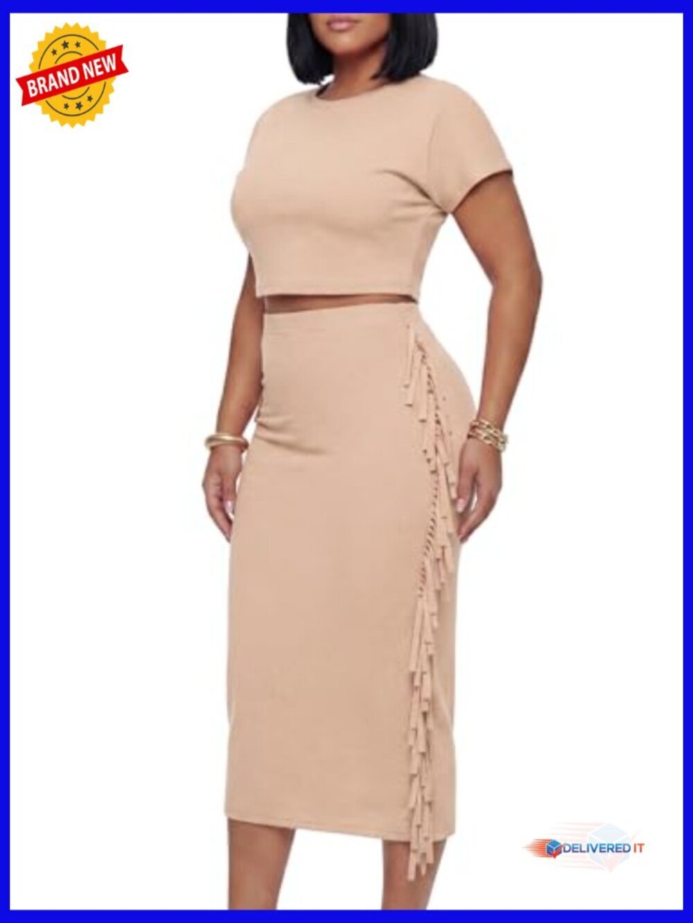 2 Piece Outfit Fringe Crop Top Bodycon Midi Skirt Set Sexy Clubwear - Picture 4 of 6